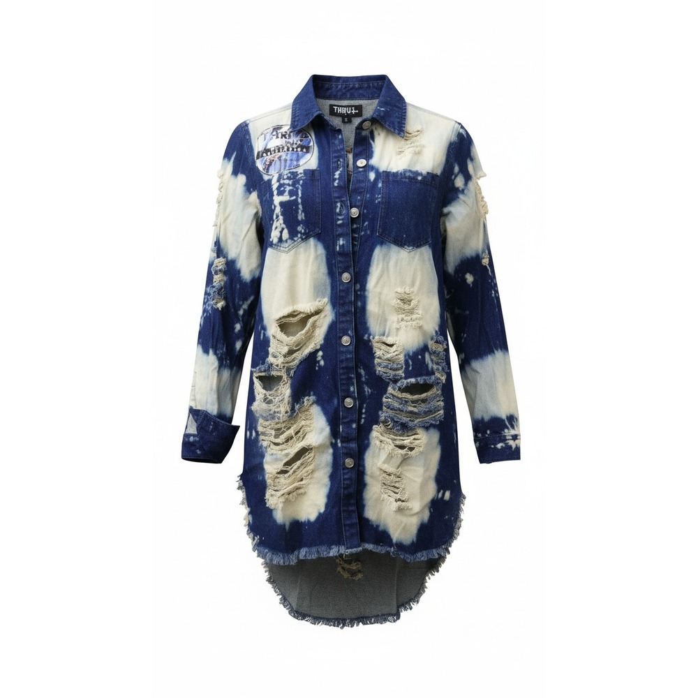 Thrill Jeans Denim Jacket Womens M Blue Bleached Distressed Longline B285-P05